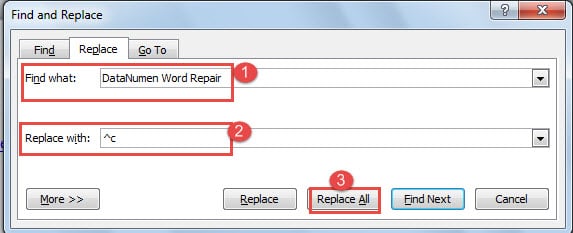 Enter Text in "Find what" Box->Enter "^c" in "Replace with" Box->Click "Replace All"